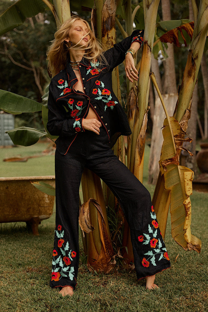 If I Should Fall Behind Linen Appliqué Embroidered Flares