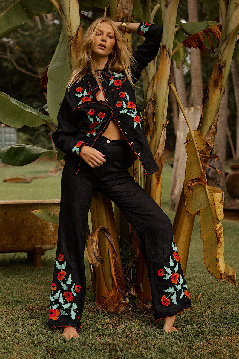If I Should Fall Behind Linen Appliqué Embroidered Flares - Chasing Unicorns