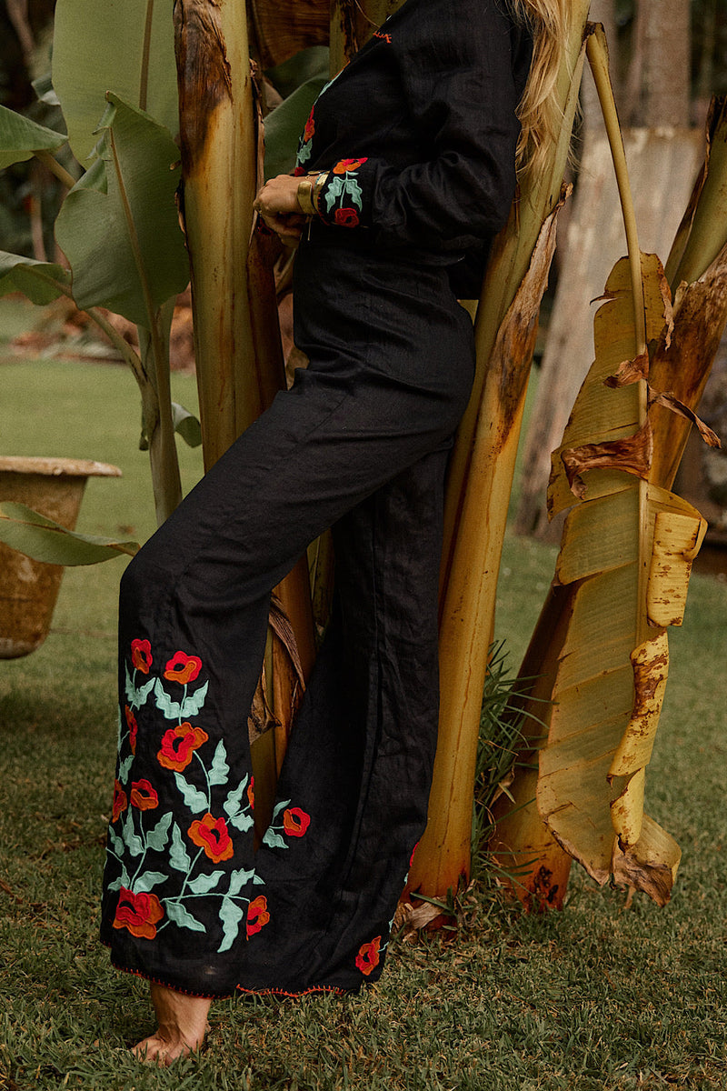If I Should Fall Behind Linen Appliqué Embroidered Flares - Chasing Unicorns