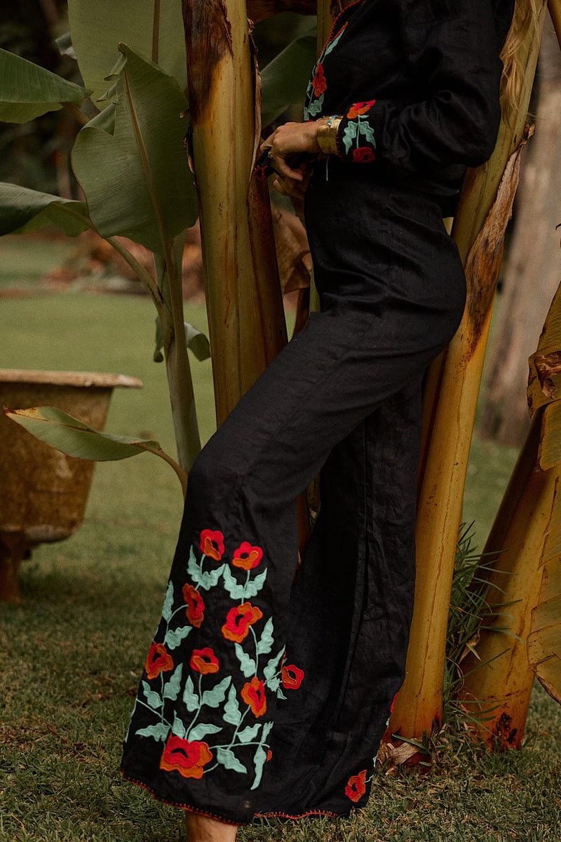 If I Should Fall Behind Linen Appliqué Embroidered Flares - Chasing Unicorns