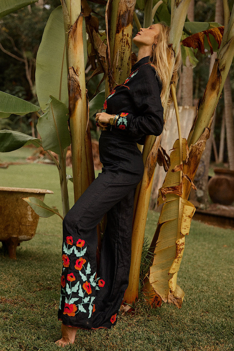 If I Should Fall Behind Linen Appliqué Embroidered Flares - Chasing Unicorns