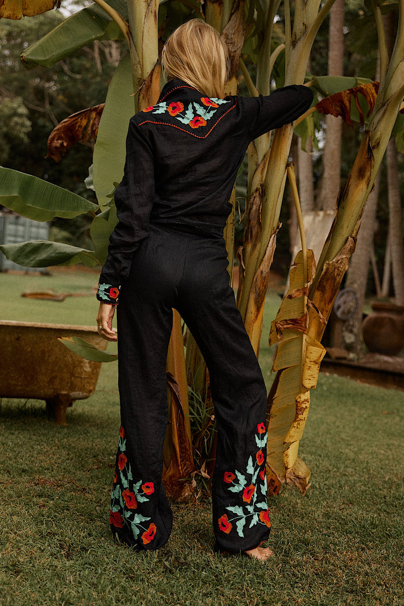 If I Should Fall Behind Linen Appliqué Embroidered Flares - Chasing Unicorns