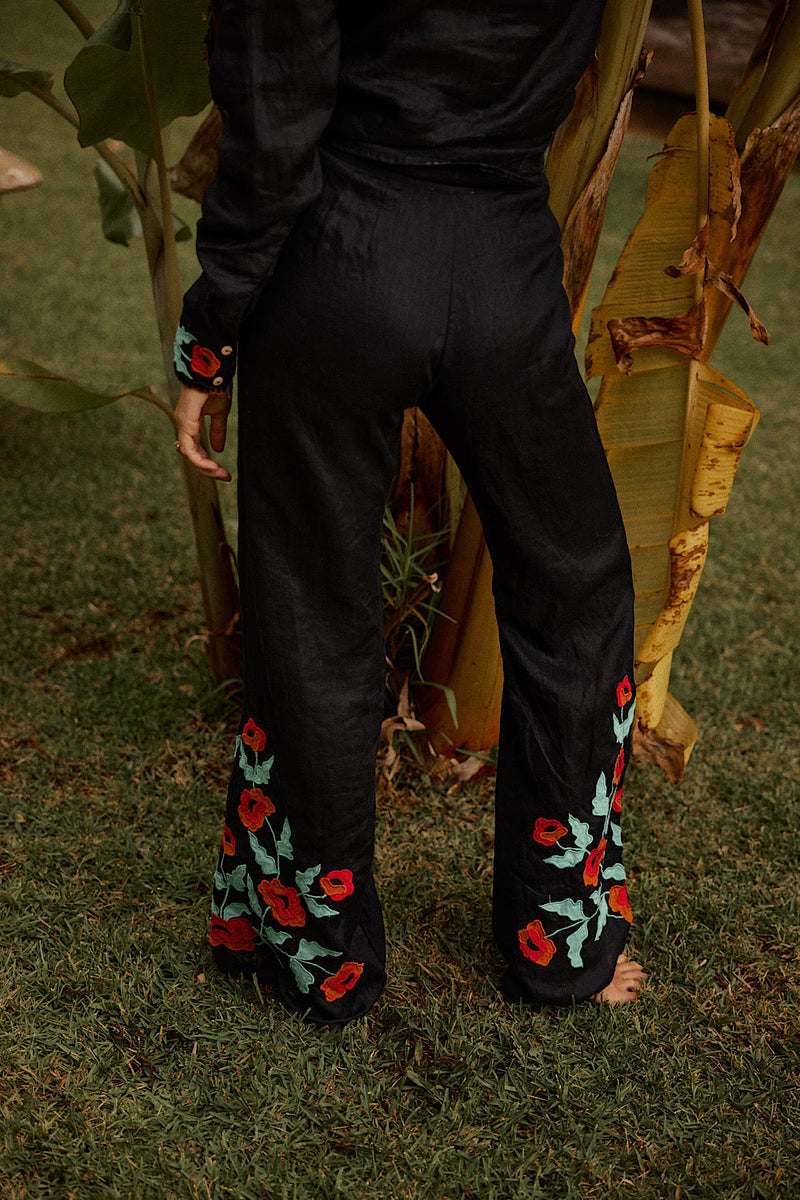 If I Should Fall Behind Linen Appliqué Embroidered Flares - Chasing Unicorns