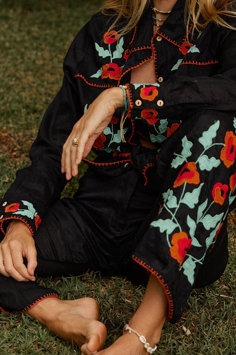 If I Should Fall Behind Linen Appliqué Embroidered Flares - Chasing Unicorns