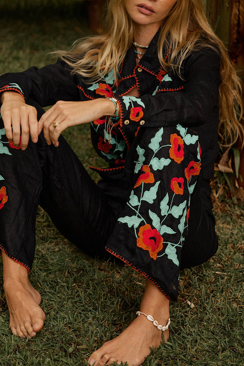 If I Should Fall Behind Linen Appliqué Embroidered Flares - Chasing Unicorns