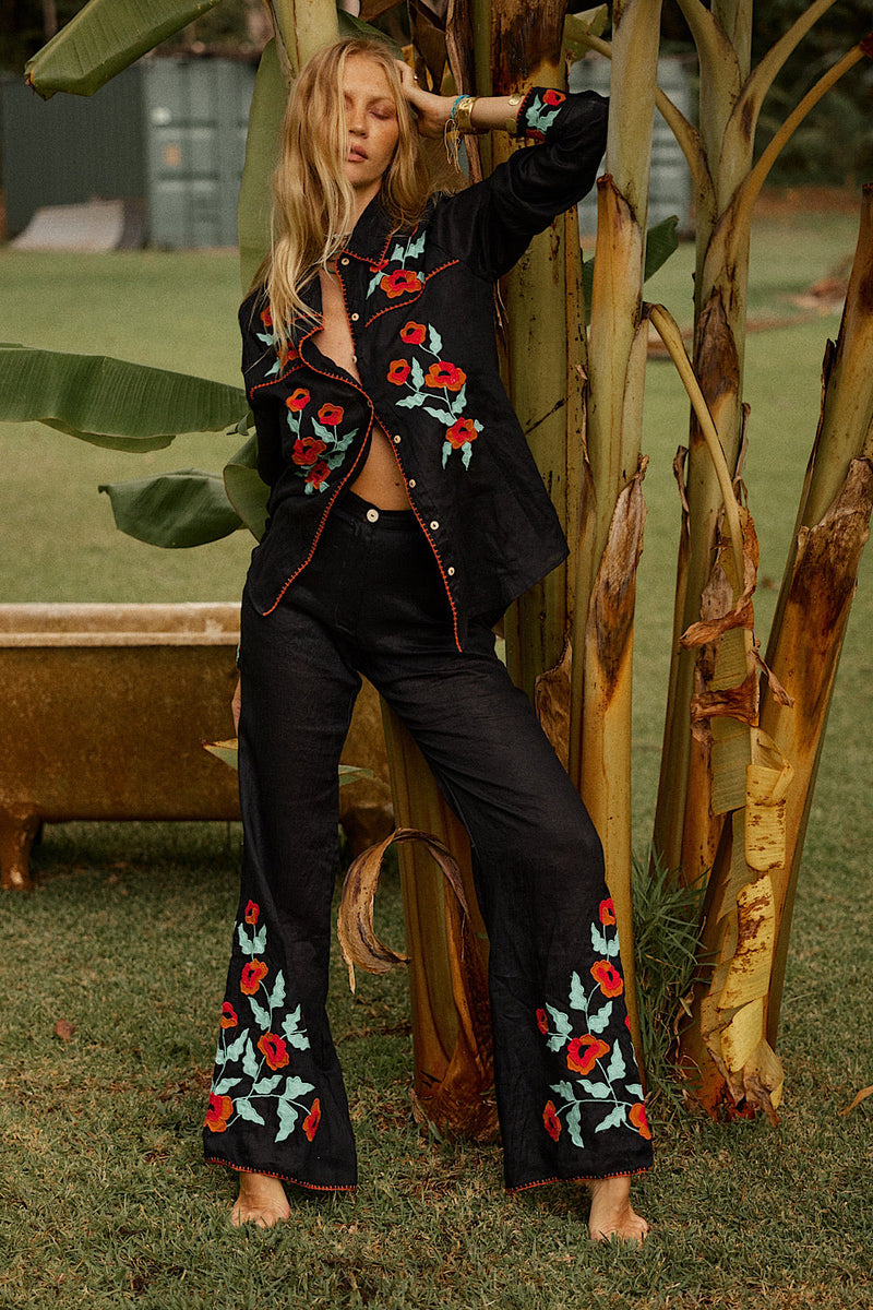 If I Should Fall Behind Linen Appliqué Embroidered Flares - Chasing Unicorns