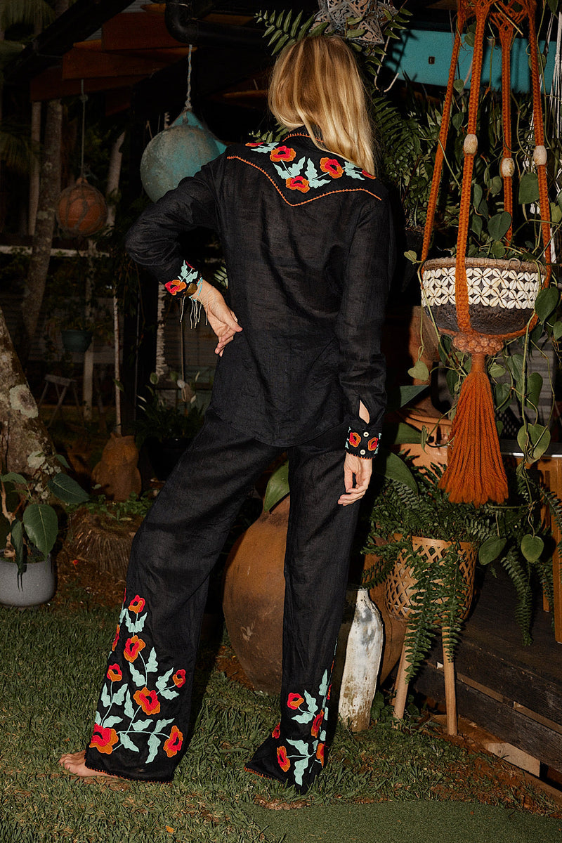 If I Should Fall Behind Linen Appliqué Embroidered Flares - Chasing Unicorns