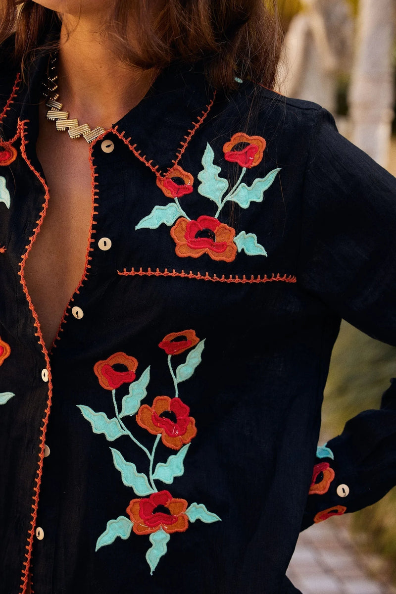 If I Should Fall Behind Linen Embroidered Blouse - Chasing Unicorns