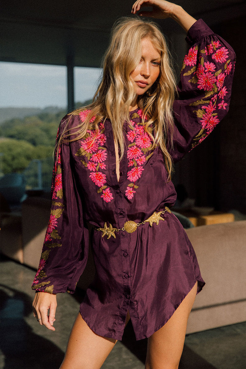 It’s Never Too Late Silk + Embroidered Shirtdress - Chasing Unicorns