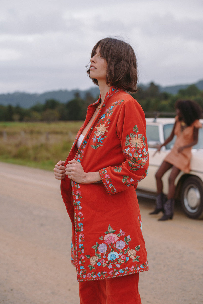 It’s Only Rock’N’Roll Embroidered Cotton Velvet Long Line Jacket - Chasing Unicorns