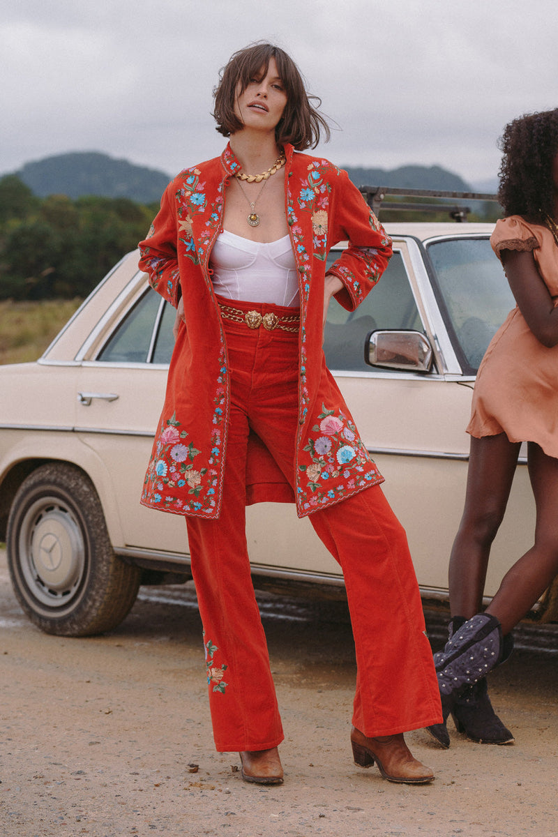 It’s Only Rock’N’Roll Embroidered Cotton Velvet Long Line Jacket - Chasing Unicorns