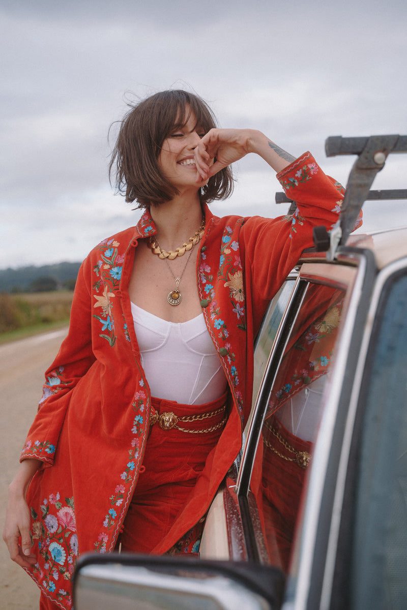 It’s Only Rock’N’Roll Embroidered Cotton Velvet Long Line Jacket - Chasing Unicorns