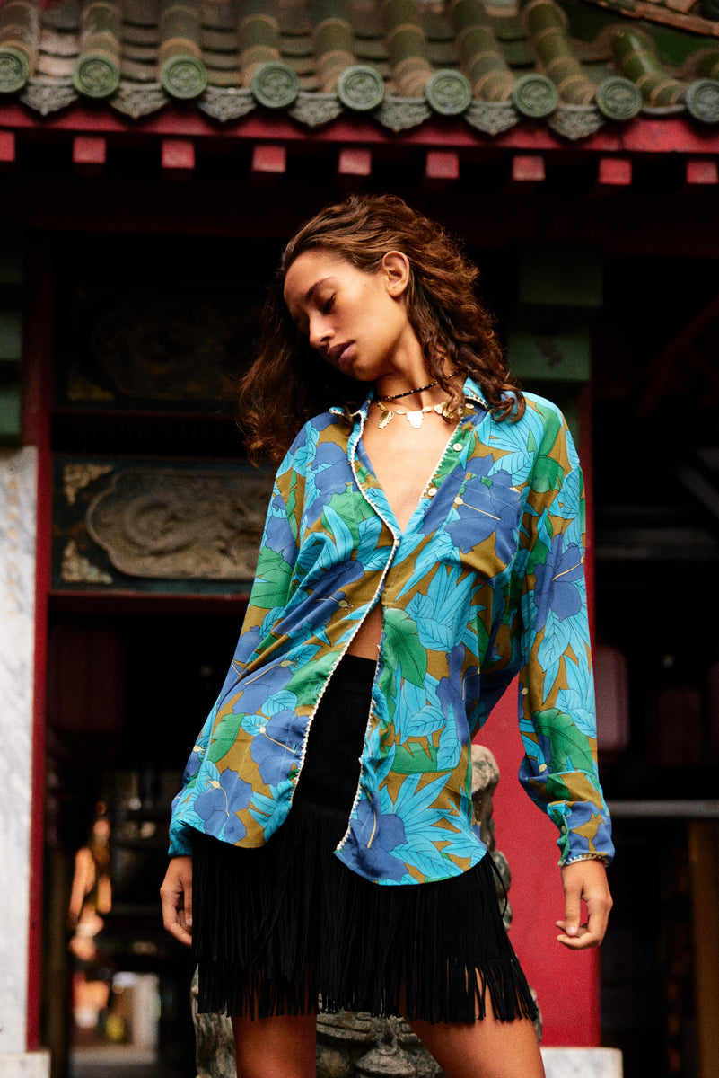 Jungle Fever Silk Crepe Embroidered Long Sleeve Unisex Shirt - Chasing Unicorns