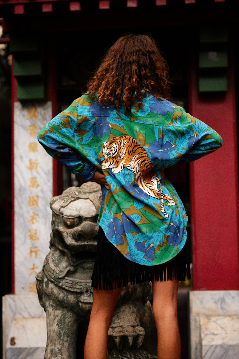 Jungle Fever Silk Crepe Embroidered Long Sleeve Unisex Shirt - Chasing Unicorns