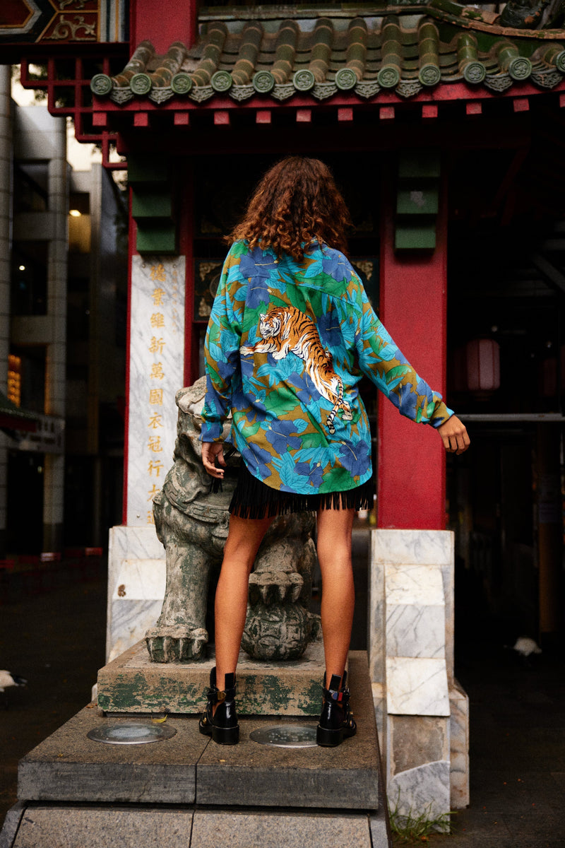 Jungle Fever Silk Crepe Embroidered Long Sleeve Unisex Shirt - Chasing Unicorns