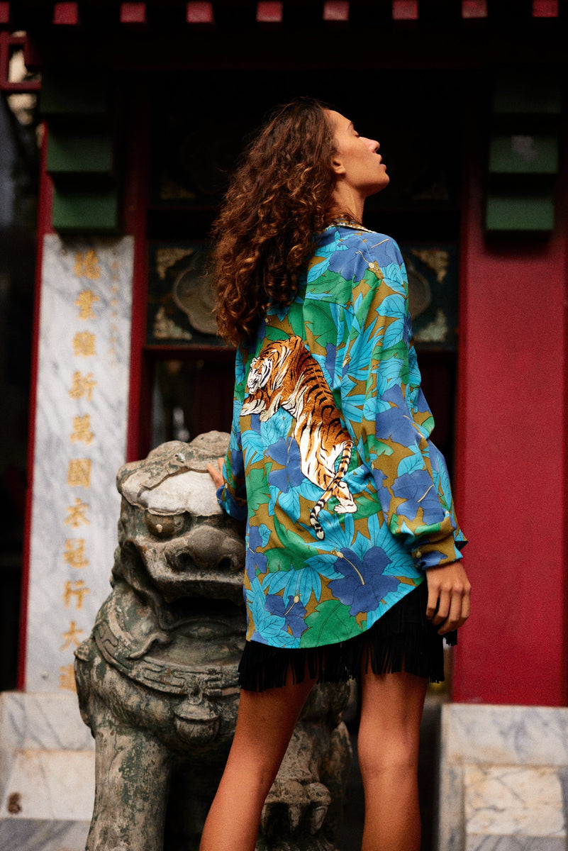 Jungle Fever Silk Crepe Embroidered Long Sleeve Unisex Shirt - Chasing Unicorns