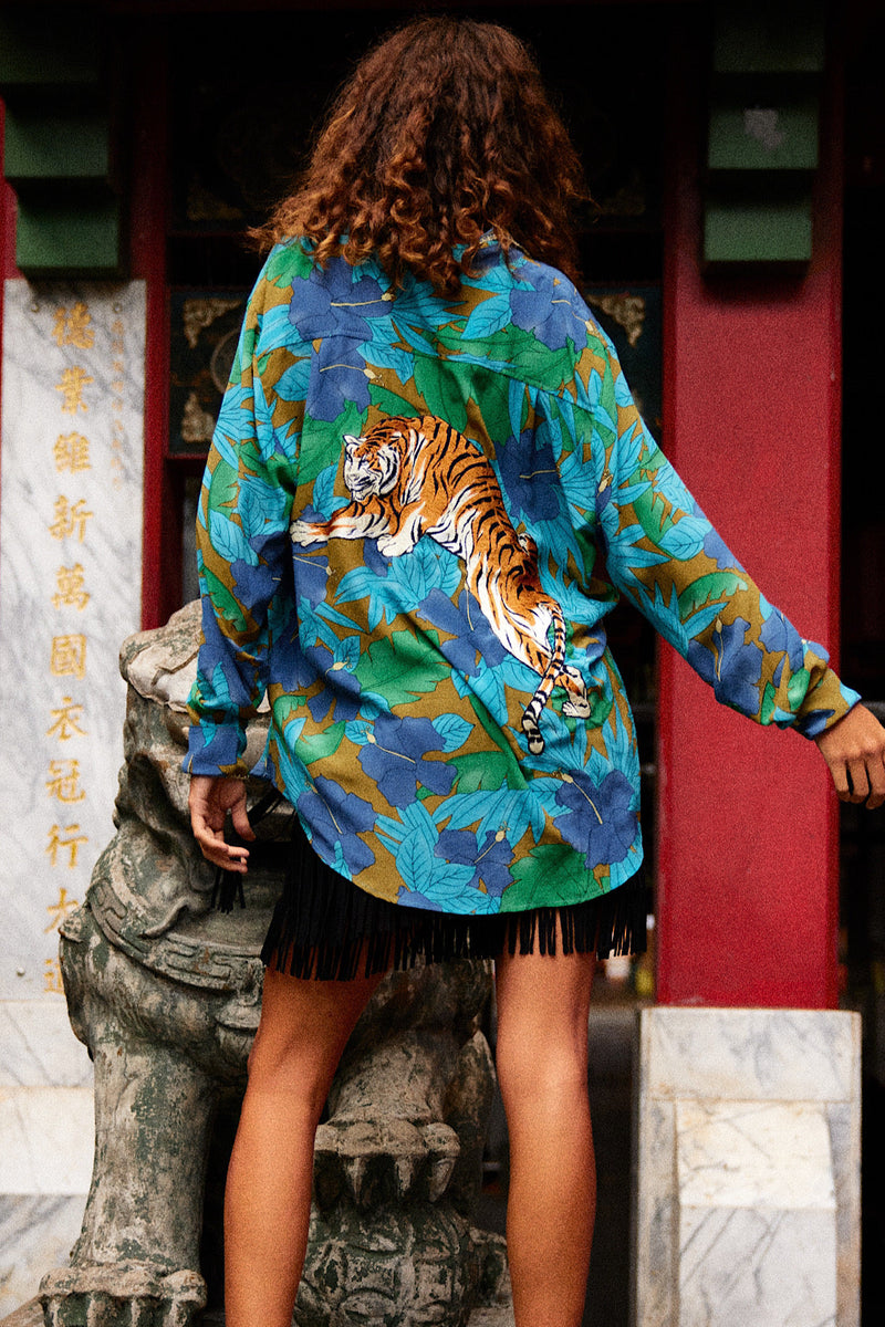 Jungle Fever Silk Crepe Embroidered Long Sleeve Unisex Shirt - Chasing Unicorns