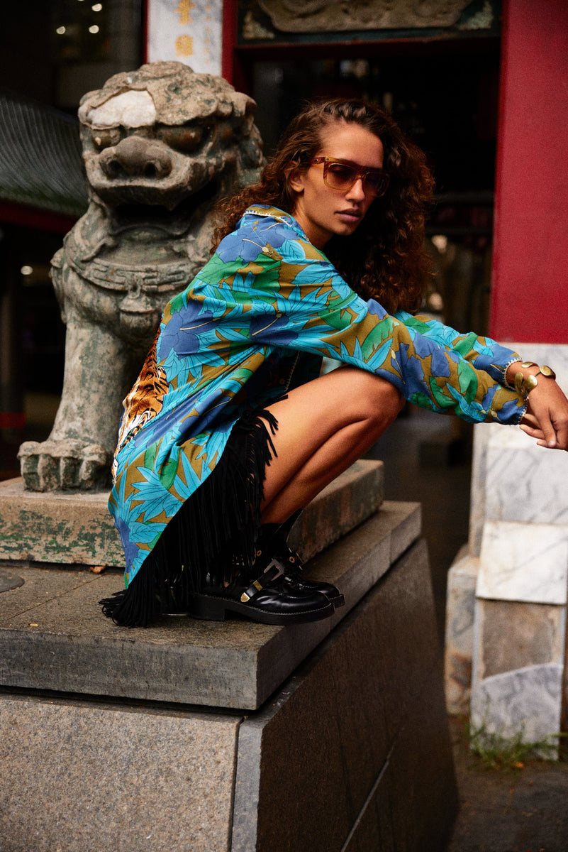 Jungle Fever Silk Crepe Embroidered Long Sleeve Unisex Shirt - Chasing Unicorns
