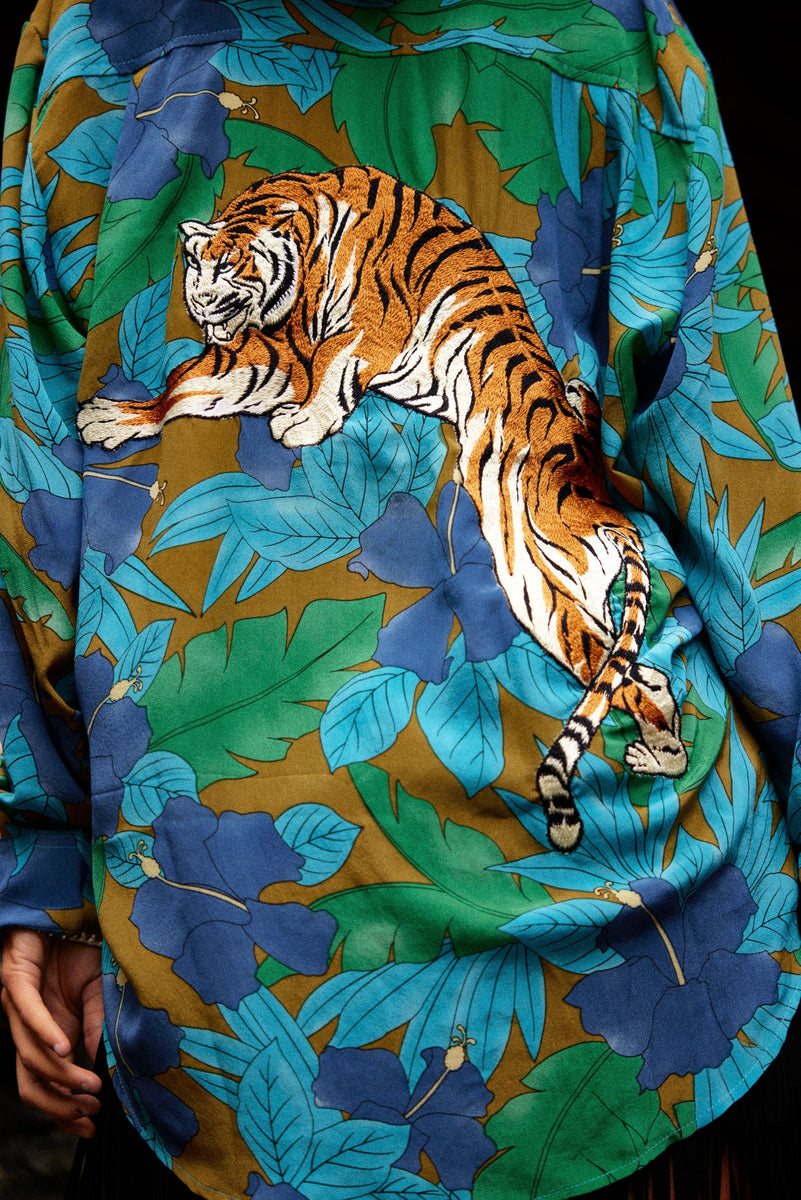 Jungle Fever Silk Crepe Embroidered Long Sleeve Unisex Shirt - Chasing Unicorns