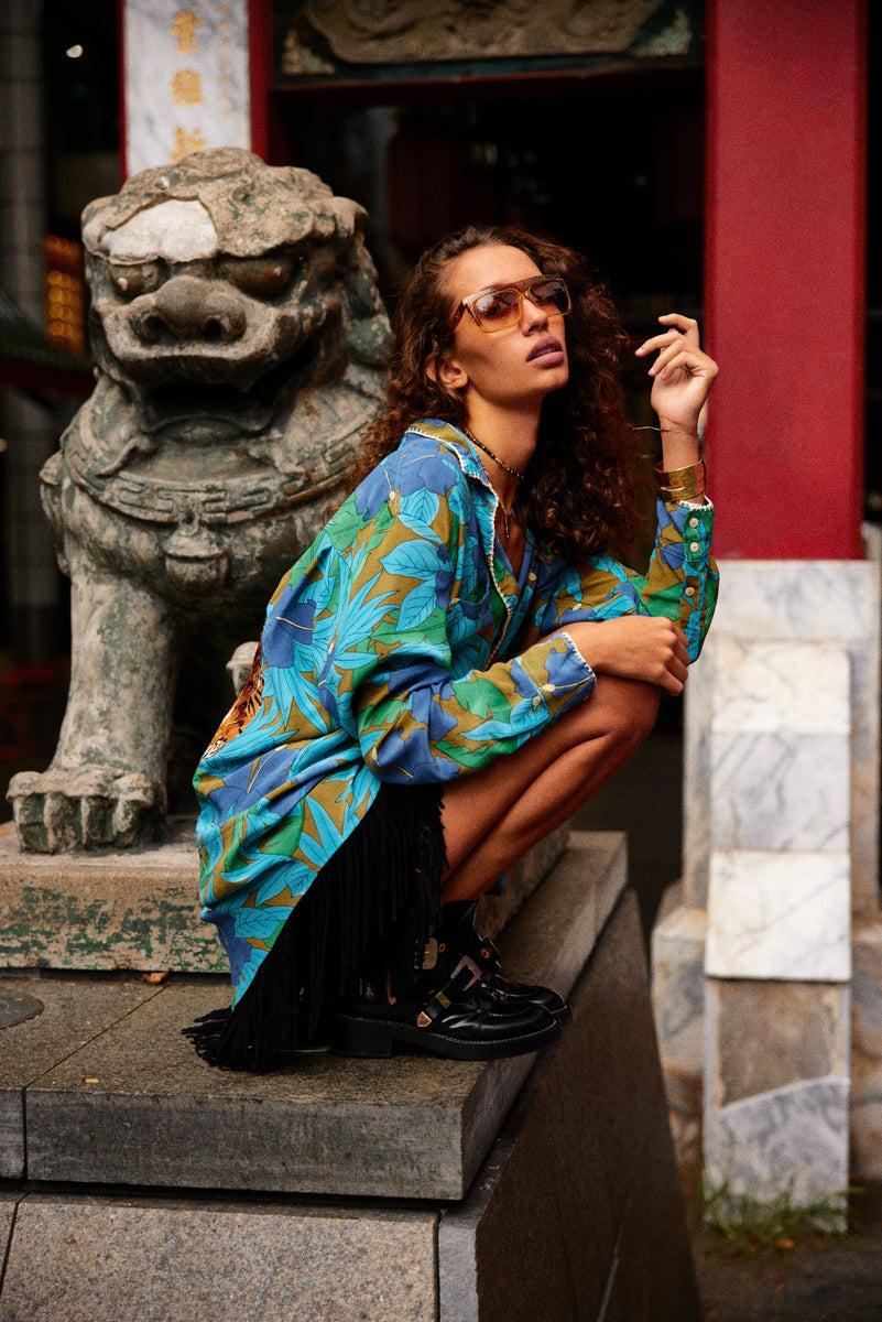 Jungle Fever Silk Crepe Embroidered Long Sleeve Unisex Shirt - Chasing Unicorns