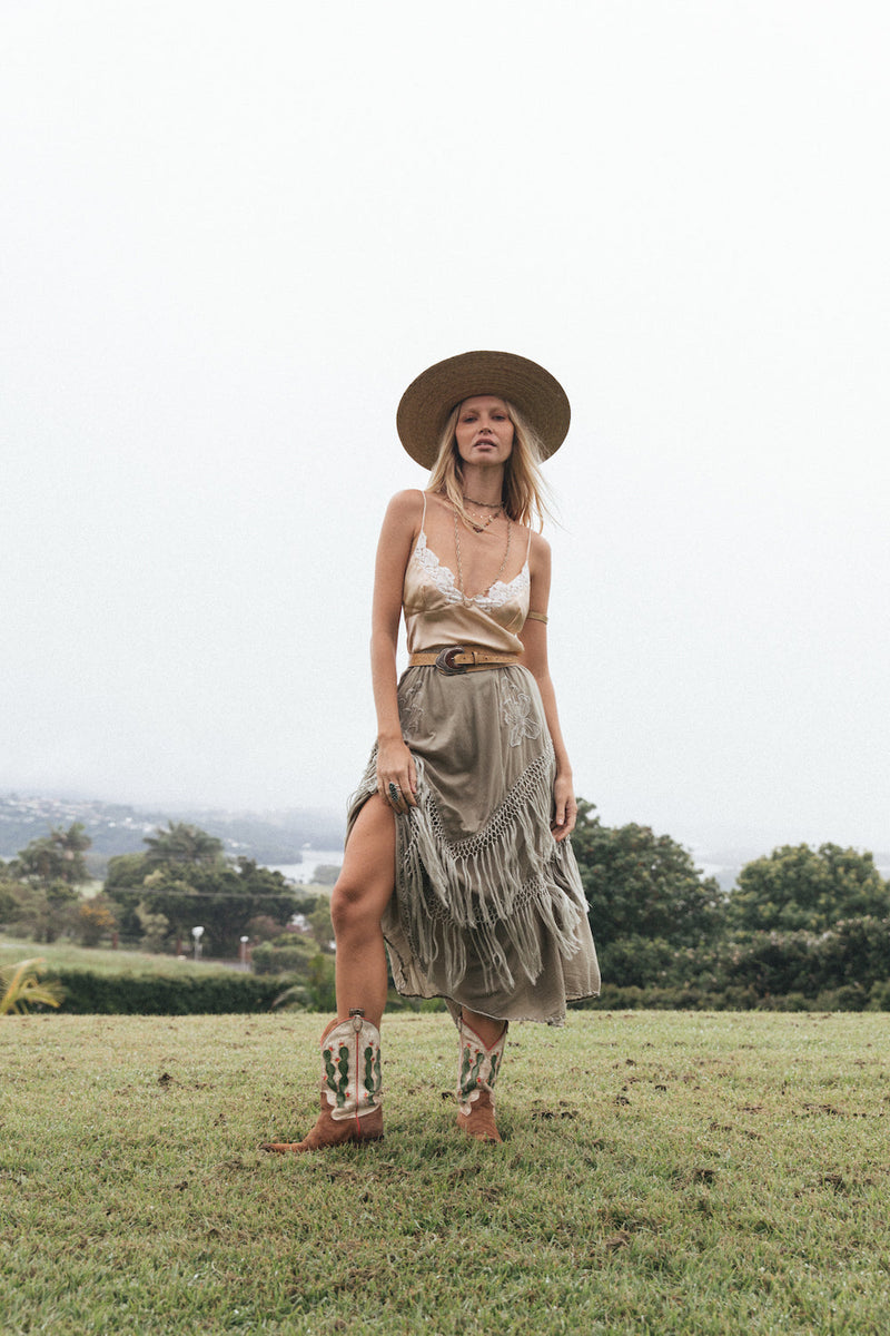 Learning To Fly Fringe Skirt- Sage - Chasing Unicorns