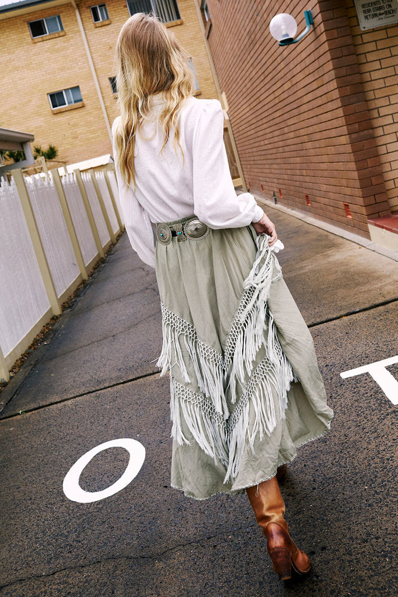 Learning To Fly Fringe Skirt- Sage - Chasing Unicorns