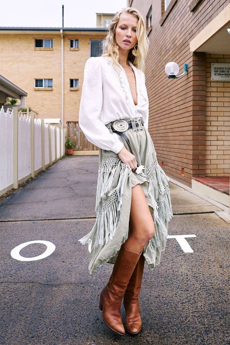 Learning To Fly Fringe Skirt- Sage - Chasing Unicorns