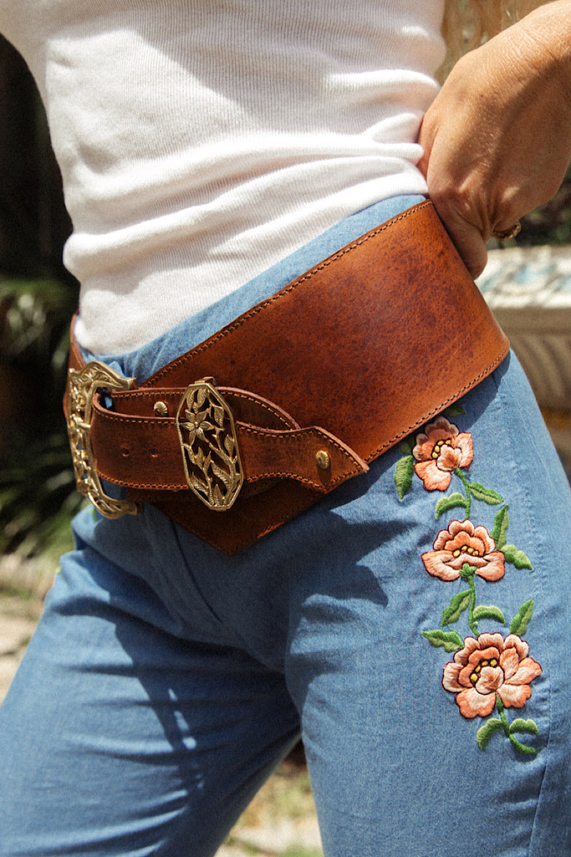 Leather And Brass Flower Belt - Chasing Unicorns