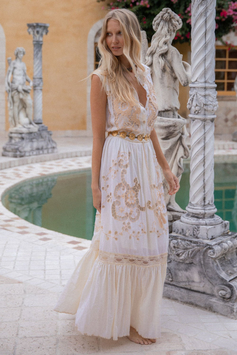 cutwork maxi dress CUTWORK LACE TRIMMED HALTER MAXI DRESS Copper Penny