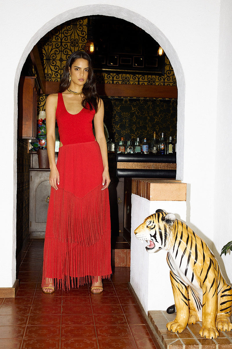 Libertango Cotton Jersey, Cotton Gauze + Fringe Maxi Dress - Scarlet - Chasing Unicorns