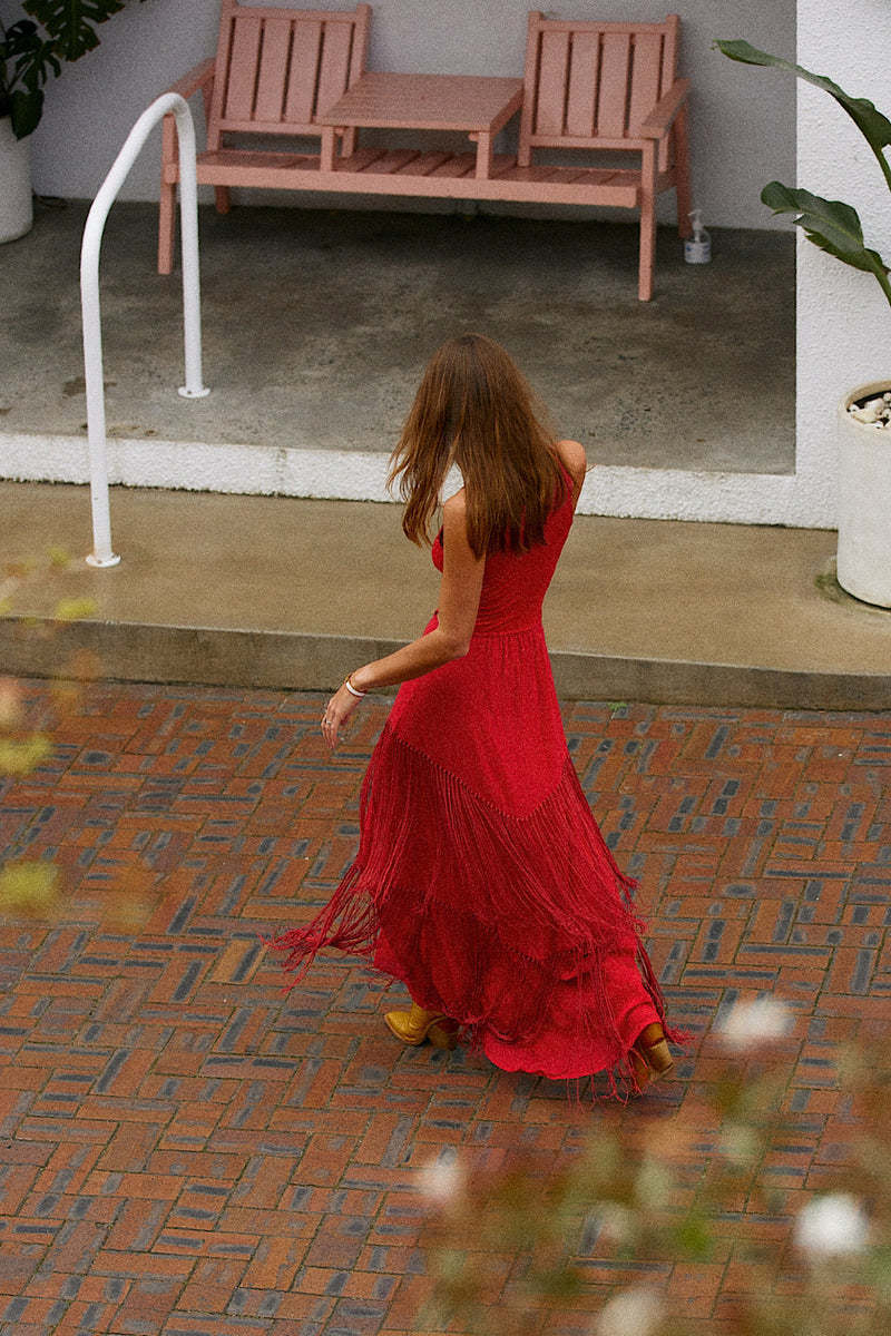 Libertango Cotton Jersey, Cotton Gauze + Fringe Maxi Dress - Scarlet - Chasing Unicorns