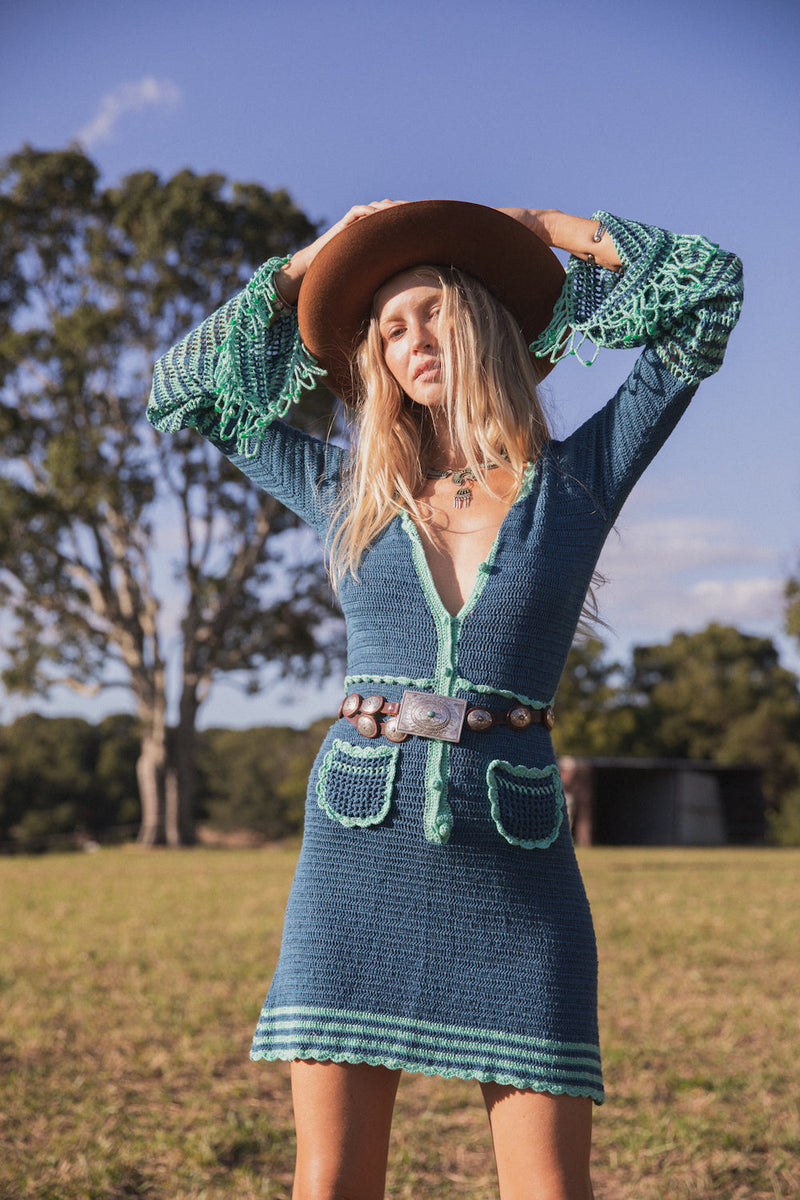 Listen To The Music Crochet Mini Dress - Ocean - Chasing Unicorns