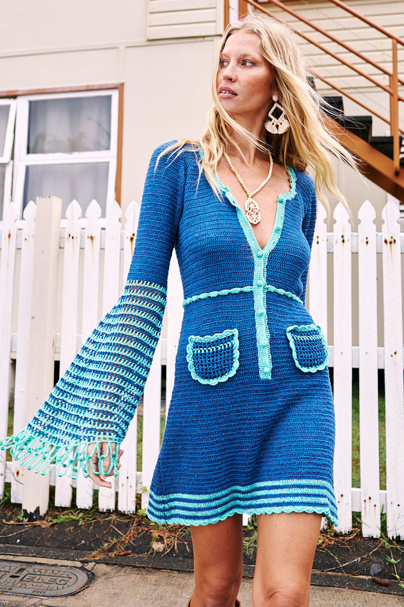 Listen To The Music Crochet Mini Dress - Ocean - Chasing Unicorns