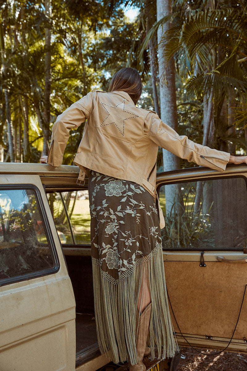 Lone Star Leather Biker Jacket - Beige - Chasing Unicorns