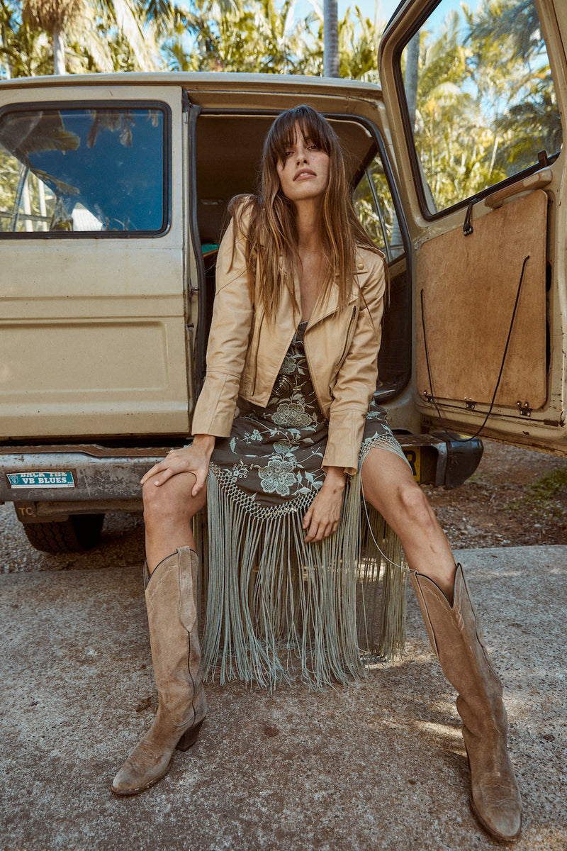 Lone Star Leather Biker Jacket - Beige - Chasing Unicorns