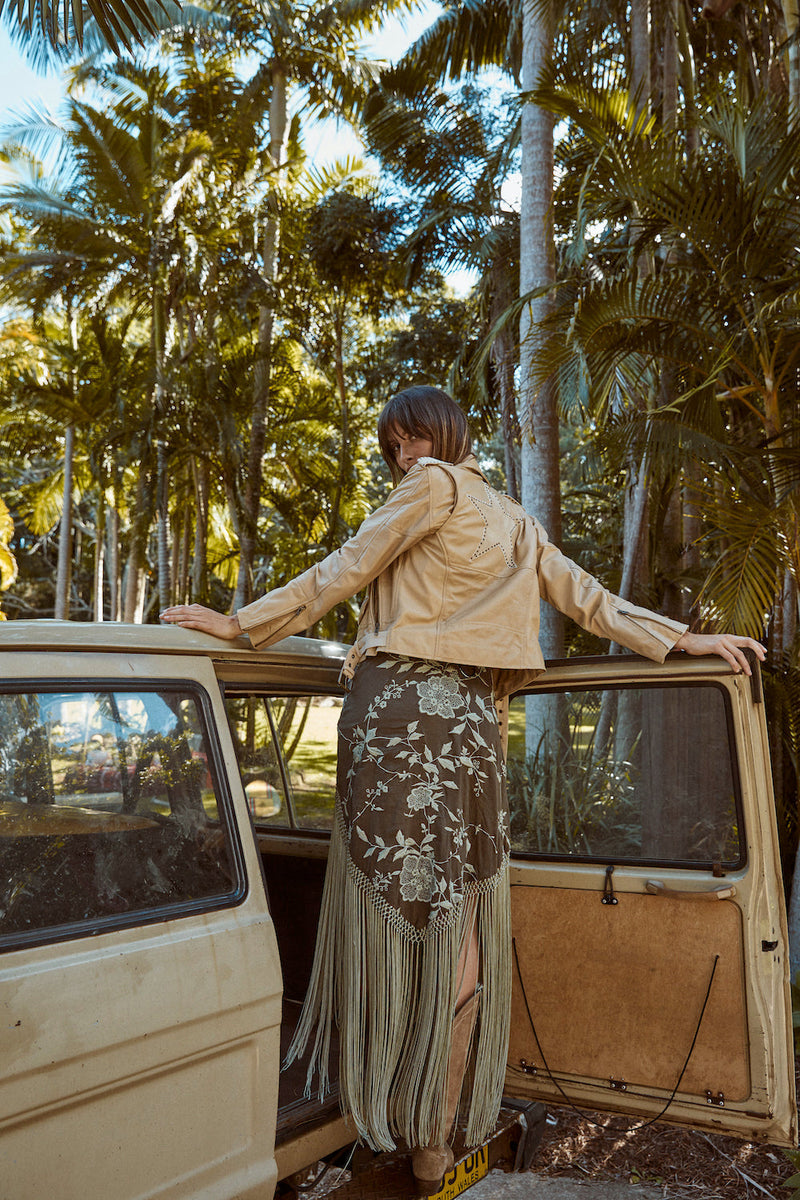 Lone Star Leather Biker Jacket - Beige - Chasing Unicorns
