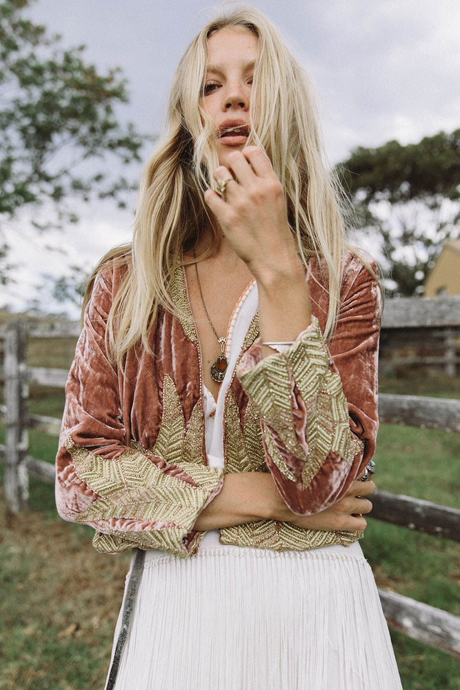 Lost In Paradise Velvet Beaded Jacket - Rose Gold