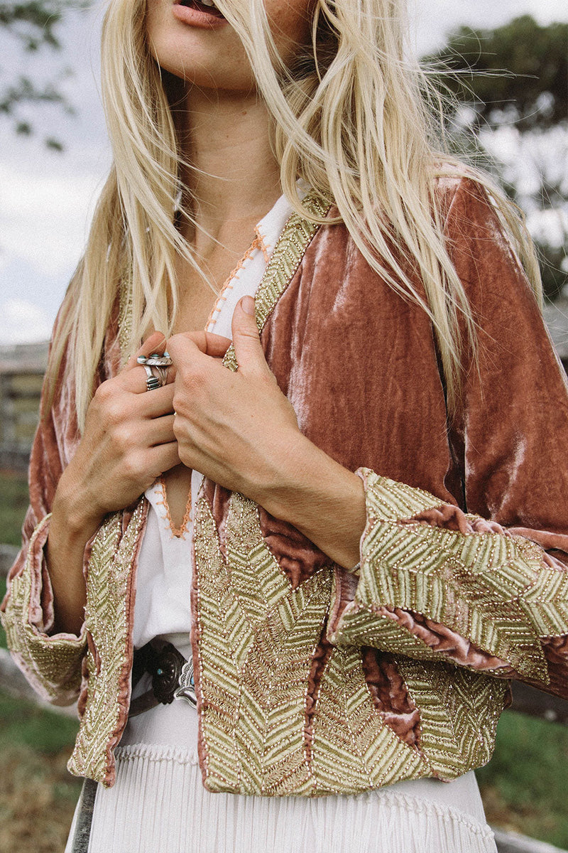 Lost In Paradise Velvet Beaded Jacket - Rose Gold - Chasing Unicorns