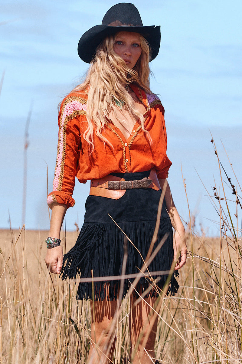 Love Is The Drug Cotton Gauze And Crochet Blouse - Burnt Orange - Chasing Unicorns