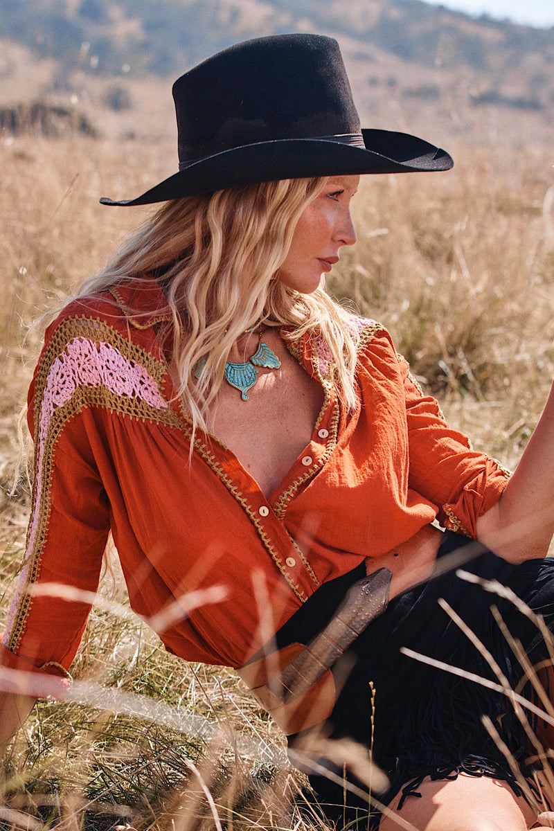 Love Is The Drug Cotton Gauze And Crochet Blouse - Burnt Orange - Chasing Unicorns