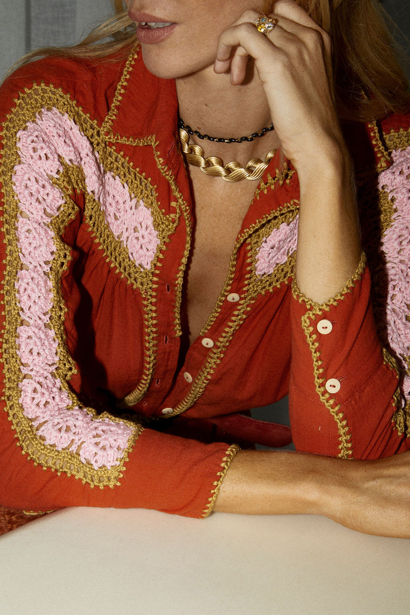 Love Is The Drug Cotton Gauze And Crochet Blouse - Burnt Orange - Chasing Unicorns