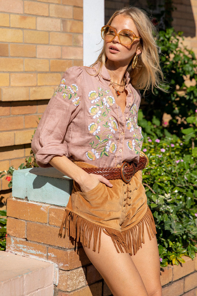 Maggie May Linen + Embroidered Blouse