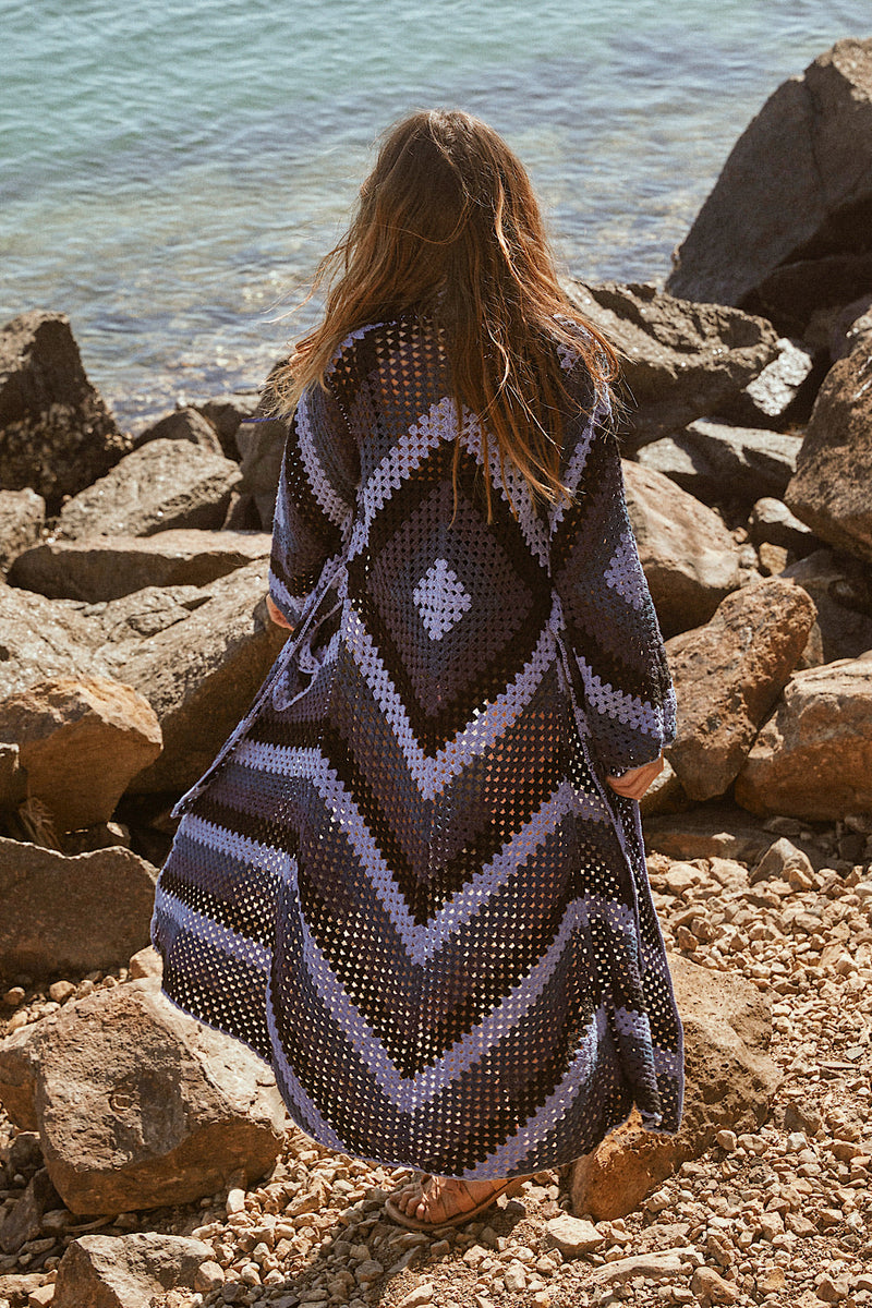 Magic Carpet Ride Crochet Coat Long - Midnight Blue - Chasing Unicorns