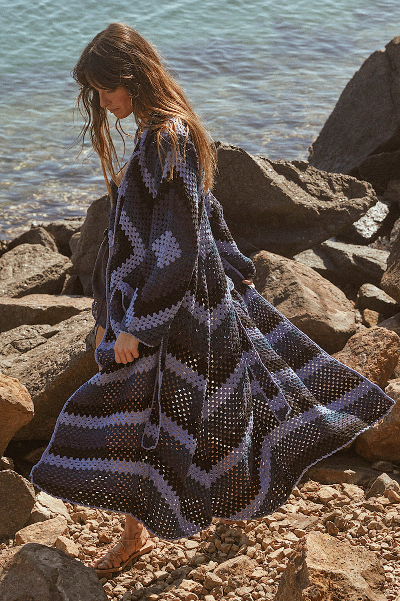 Magic Carpet Ride Crochet Coat Long - Midnight Blue - Chasing Unicorns