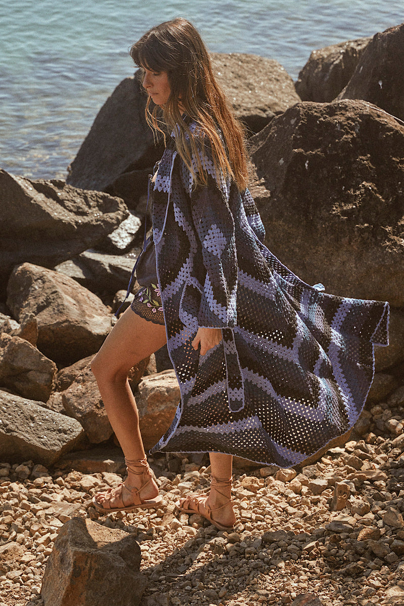 Magic Carpet Ride Crochet Coat Long - Midnight Blue - Chasing Unicorns