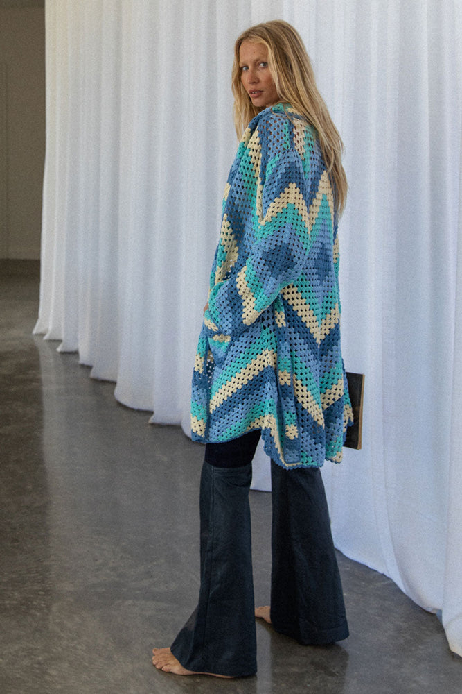 Magic Carpet Ride Short Crochet Coat - Blue Sky