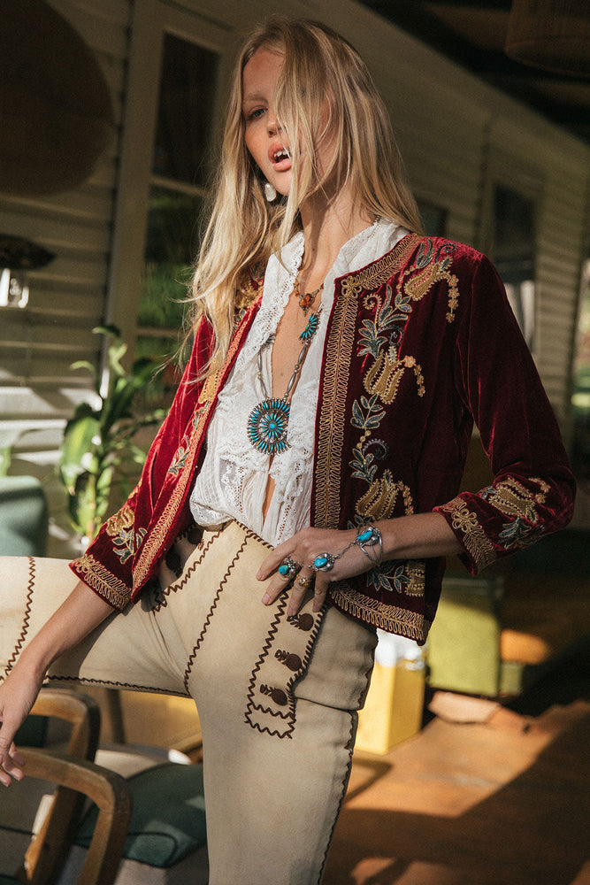 Midnight Rambler Cropped Velvet Jacket - Wine