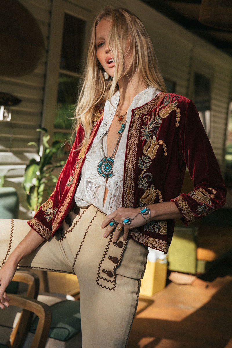 Midnight Rambler Cropped Velvet Jacket - Wine - Chasing Unicorns