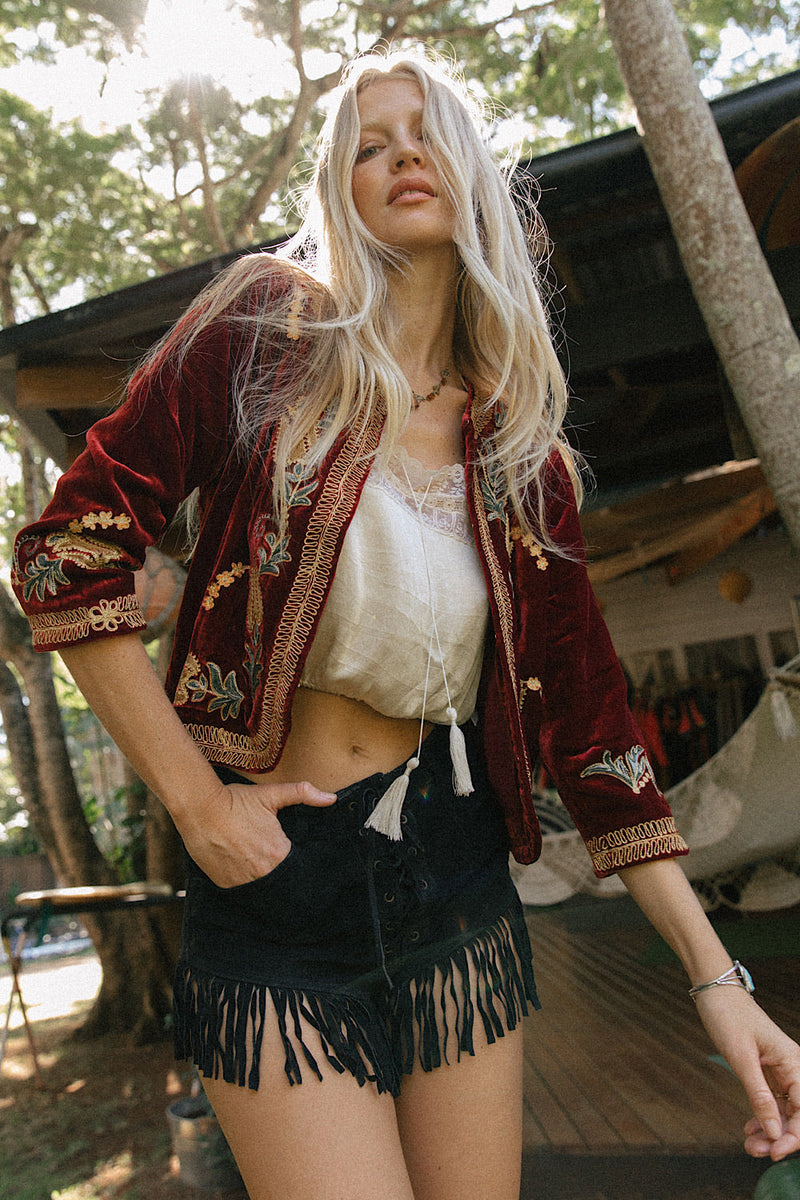 Midnight Rambler Cropped Velvet Jacket - Wine - Chasing Unicorns