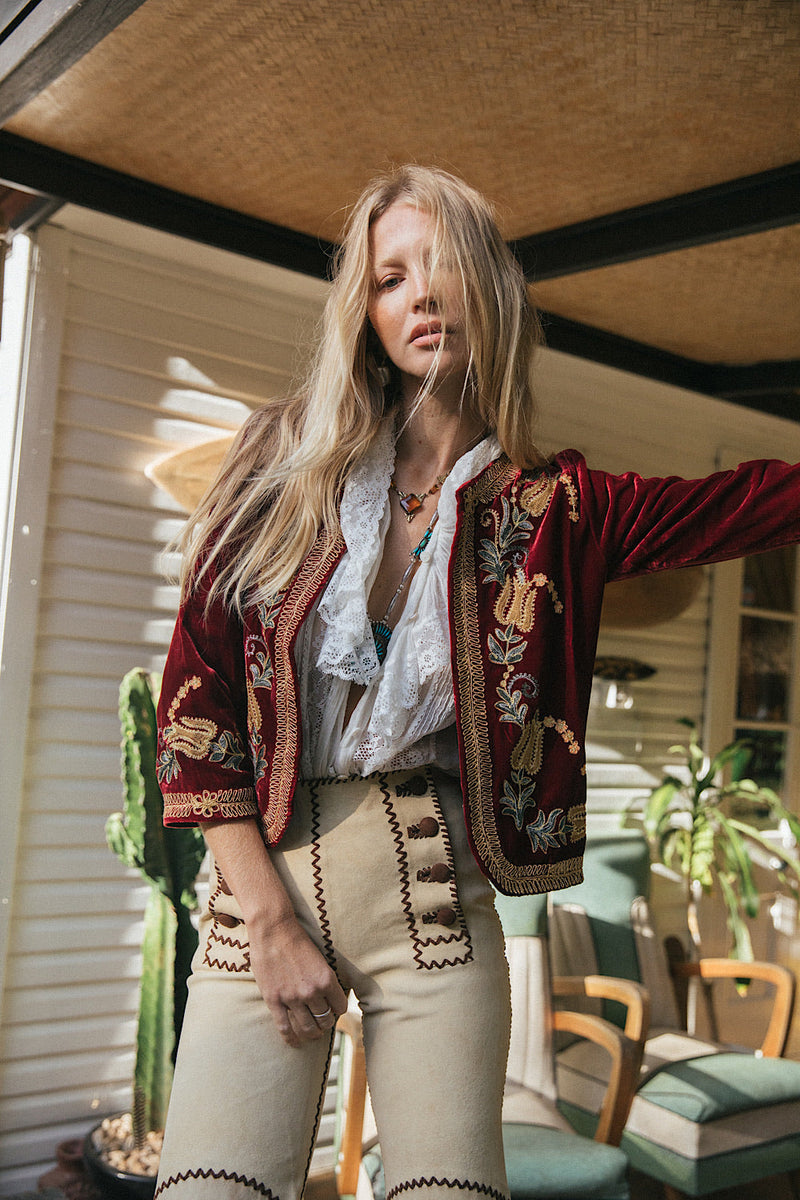 Midnight Rambler Cropped Velvet Jacket - Wine - Chasing Unicorns